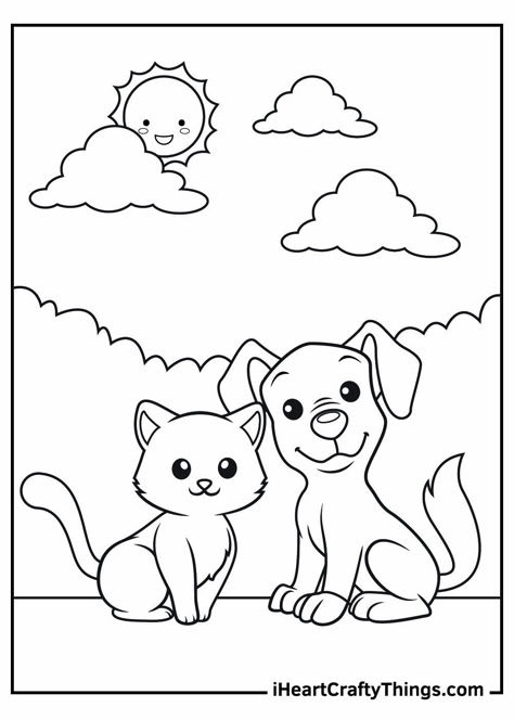 Dog and Cat Coloring Pages Draw Video, Cat Coloring Pages, Easy Draw, Puppy Coloring Pages, Cat Coloring, Love Coloring Pages, Summer Coloring Pages, Kitty Coloring, Dog Coloring Page