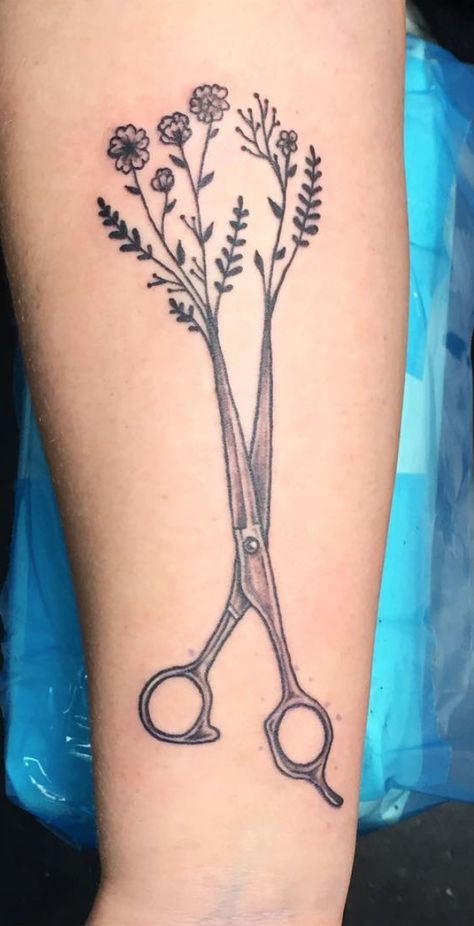 Hair Related Tattoos, Ornate Scissors Tattoo, Cosmetologist Tattoo Ideas, Hair Shears Tattoo, Shear Tattoos Cosmetology, Shear Tattoos, Hair Scissor Tattoos, Cosmetologist Tattoo, Scissor Tattoos