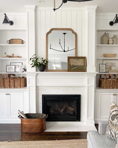 32 Fireplace With Built Ins on Both Sides Ideas to Add Charm White Mantel, Mantel Ideas, Fireplace Built Ins, White Fireplace, White Shiplap, Built In Cabinets, Living Room With Fireplace, Cheap Decor, Farmhouse Living