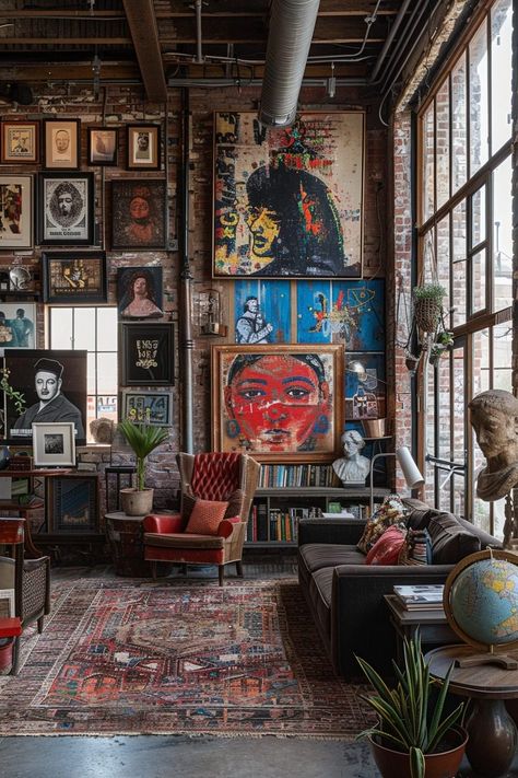 29 Eclectic Home Decor Ideas to Revamp Your Living Space 2 Artist Living Room Aesthetic, Eclectic Office Decor Interior Design, Eclectic Window Decor, Eclectic Industrial Living Room, Bohemian Home Interior, Eclectic Cafe Design, Home Bar Wall Art, Moody Loft Apartment, Artists Homes Interior