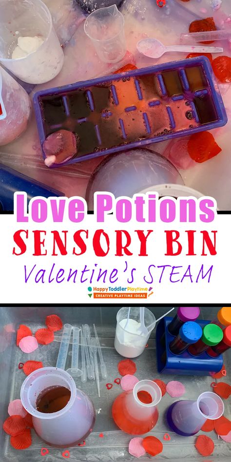 Love Potion Sensory Bin, Valentines Preschool Science Activities, Valentines Day Stem Activities Preschool, Love Sensory Bin, Love Potion Sensory Play, Valentine’s Day Sensory Bottles, Valentine's Day Sensory Bin, February Reggio Activities, Valentines Reggio Activities