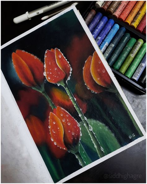 Oil pastel painting #redtulips #tulippainting #oilpastelpainting #flower Red Tulip Painting, Tulips Oil Pastel, Red Tulips Garden, Woodcut Art, Tulip Garden, Tulip Painting, Flower Pants, Oil Pastel Paintings, Tulips Garden