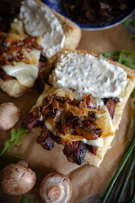 3-Hour Baguette: A Quick Artisanal Delight Dinner For Your Man, Steak Sandwich Ideas, Tenderloin Sandwich Recipes, Winter Sandwiches, Caramelized Mushrooms, Tenderloin Sandwich, House Of Yumm, Caramelized Onions And Mushrooms, Baguette Recipe