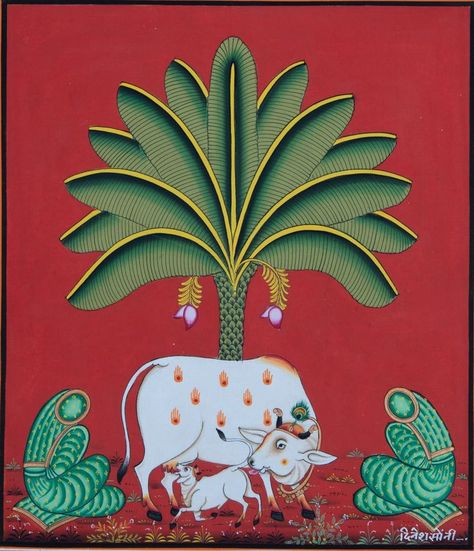 Gond Painting, Bengali Art, Deer Illustration, Lotus Art, Folk Art Flowers, Pichwai Paintings, Banana Tree, Wall Drawing, Cow Painting