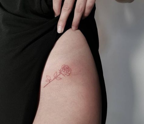 Fine Line Red Rose Tattoo, Rose Tattoo On Hip, Upper Thigh Tattoos, Side Thigh Tattoos, Rose Shoulder Tattoo, Taylor Swift Tattoo, Rose Tattoos For Women, Tattoo Concepts, Small Rose Tattoo