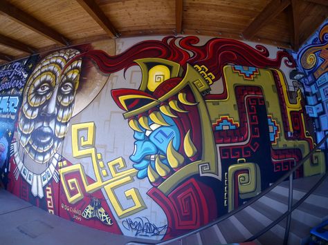 The last place you expect to find graffiti inspired murals is at a winery,but that's exactly where Urban Aztec and a crew of graffiti artists ended up spray painting some dope work in 2014. Aztec Graffiti, Mexican Murals, Spray Paint Graffiti, Paint Graffiti, Mayan Symbols, South American Art, Graffiti Artists, Street Art Graffiti Murals, Mayan Art