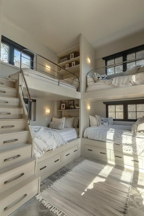 40 Bunk Room Ideas: Designs for Fun, Space-Saving Solutions Six Bunk Beds In One Room, Double Bed Rooms Ideas, Double Bunk Beds Built In, Florida Rooms, Bunk Room Ideas, Bunk Bed Room, Bunk Bed Rooms, Adult Bunk Beds, Random Idea