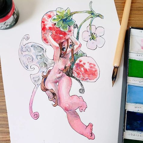 Fruit Dress Drawing, Milkywaes Art, Drawing With Highlighter, Fruit Character Design, Exotic Drawing, Fruit Illustration Art, Fairies Drawing, Random Character Design, Jelly Illustration