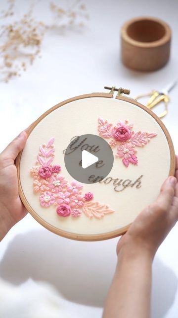 Embroidery by Elahe on Instagram: ""You are enough," new design 🌸 
PDF Pattern +Color and Stitch guide +Full video tutorial available on momentoell shop or Etsy shop 💕
Link in my bio 
Happy weekend 🌸" Embroidered Stitches Tutorial, Embroidery Paper Design, Embroidery Designs Videos, Paper Embroidery Tutorial, Baby Shower Cake Table, Embroidery Designs For Kids, Embroidery Video, Bio Happy, Simple Embroidery Designs