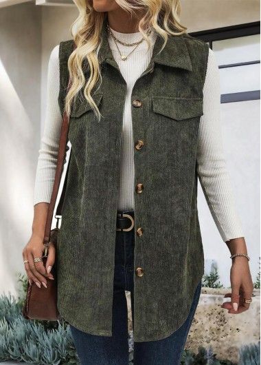 Women's Vests | Trendy Vests For Women | Modlily Olive Vest Outfit, Corduroy Waistcoat, Waistcoat Style, Olive Vest, Elegant Dresses Plus Size, Women's Vests, Olive Green Shirt, Swimwear Suits, Boutique Style Outfits