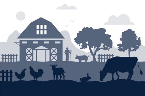 Farm Silhouette, Farm Vector, Animal Outline, Farm Village, Theater Design, Paper Cutout Art, Project Work, Farm Field, Silhouette Painting