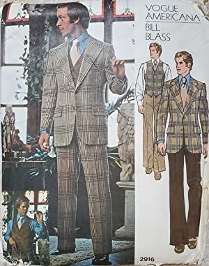 Vogue Pattern, Americana: Bill Blass, Pattern 2916, Size 44 1970s Mens Fashion, Suit Sewing Patterns, 1970s Men, Mens Sewing Patterns, Mens Vest Jacket, Vest And Pants, 70s Men, Vogue Men, Plaid Suit