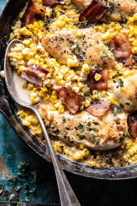 Creamed Corn Chicken, Half Baked Harvest Recipes, Dinner Summer, Corn Chicken, Chicken Corn, Summer Recipes Dinner, Harvest Recipes, Creamed Corn, Half Baked