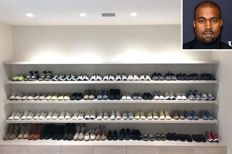 Kanye West Shares a Rare Look Inside His Epic Shoe Closet Kanye West Closet, Kim Kardashian Closet Room, Sneaker Closet Ideas, Shoe Walls, Kardashian Lifestyle, Kanye West House, Kardashian Closet, Kanye West Home, Kim Kardashian Closet