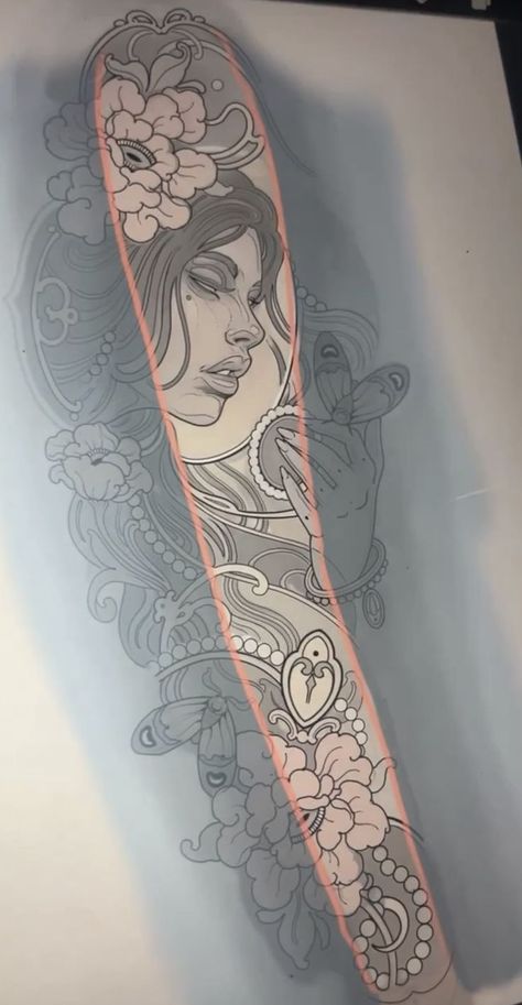 Neo Nouveau Tattoo, Beautiful Spine Tattoos, Neo Traditional Art, Spine Tattoo Ideas, Neo Tattoo, Nouveau Tattoo, Full Tattoo, Girl Face Tattoo, Upper Arm Tattoos