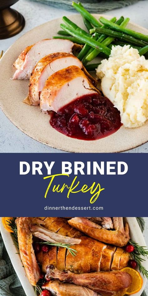 Dry-Brined Turkey is an easy, amazing turkey recipe for how to make the most flavorful, juicy turkey meat with buttery, crispy turkey skin. Turkey Dry Brine Recipes, Dry Brine Turkey Recipes, Brine Turkey Recipes, Turkey Soup From Carcass, Brine Turkey, Roasted Turkey Recipe, Dry Brine Turkey, Homemade Turkey Gravy, Dry Brine