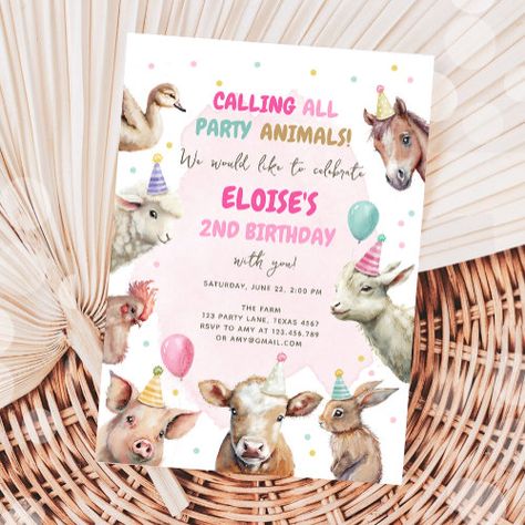 $3.08 | Farm Animals Girl Calling Party Animals Birthday #birthday invitation, farm animals, farm birthday, party animals, barnyard birthday, watercolor, farm birthday party, pink gingham, girl birthday, calling all party animals Farm Party Animal Birthday Theme, Petting Zoo Invitations, Donkey Birthday, Petting Zoo Birthday Party, Petting Zoo Birthday, Calling All Party Animals, Girls Farm Birthday, Party Animals Birthday, Animals Birthday Invitation