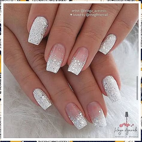 A purple and purple French tip on winter nails adds a pop of color. You Nails, Bridesmaids Nails, New Years Eve Nails, Silver Glitter Nails, White And Silver Nails, Wedding Nails Glitter, White Glitter Nails, Ombre Nails Glitter, Square Nail Designs