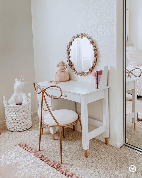 Girl Desk and Vanity Vanity Desk For Girls Room, Vanity In Nursery, Toddler Desk In Bedroom, Girls Desk In Bedroom, Vanity Table For Kids, Girls Room With Vanity, Kids Vanity Desk, Girl Vanity Ideas Kids, Kid Vanity Ideas Girl Rooms