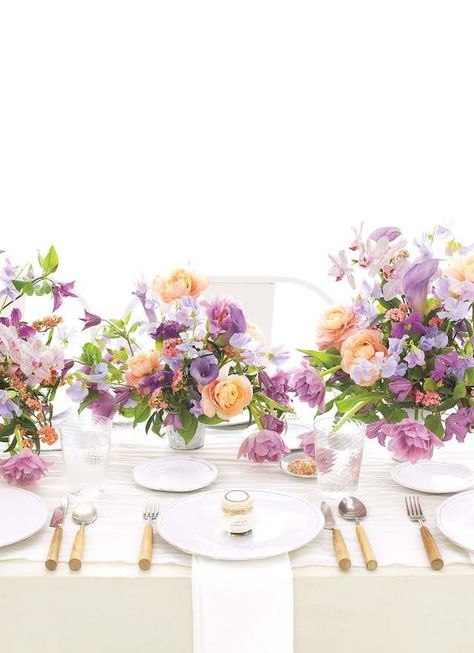 peach and lavender centerpiece Lavender Centerpieces, Lavender And Peach, Peach Wedding Flowers, Setting Inspiration, Table Manners, Bridal Table, Garden Life, Purple Wedding Flowers, Purple Garden