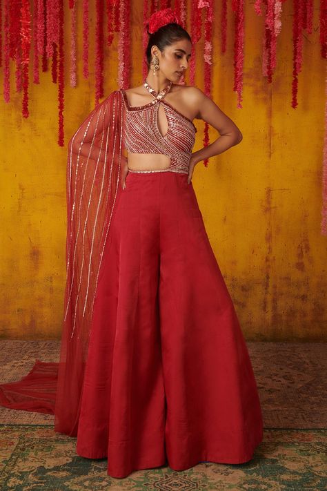 Shop for these amazing collections of Red Satin Organza Hand Embroidered Sequins Halter Neck Draped Jumpsuit For Women by Masumi Mewawalla online at Aza Fashions. Peacock Couture, Embellished Jumpsuit, Embroidered Jumpsuit, Elevated Casual, Pink Peacock, Chic Tops, Designer Jumpsuits, Wedding Dresses For Girls, Party Wear Indian Dresses