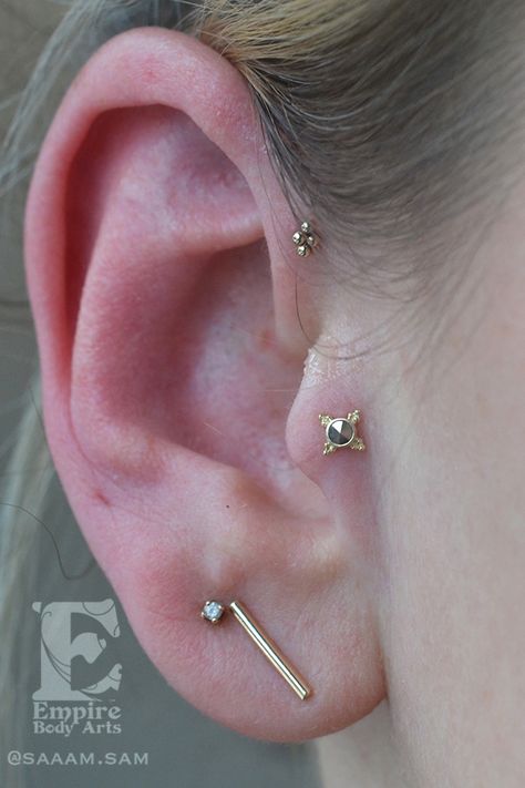 Forward Helix Earrings Impuria Ear Piercing Jewelry, Gold Forward Helix Piercing, Tragus Forward Helix Piercing, Tragus And Forward Helix Piercing, Forward Helix Piercing Ideas, Forward Helix And Tragus, Body Vision Los Angeles, Forward Helix Earrings, Ear Piercings Helix