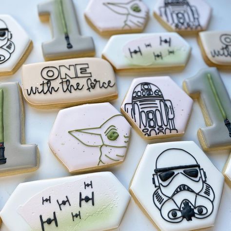 The Frosted Cookiery on Instagram: “O N E with the force. 🖤 tie fighter cookie design inspired by @steph.hancookies #firstbirthdaycookies #starwarsbirthday…” Star Wars 1st Birthday Cookies, Baby Yoda Cookies Decorated, Baby Yoda First Birthday, One With The Force Birthday, Star Wars Cookies Decorated, One With The Force First Birthday, Star Wars 1st Birthday, Star Wars Sugar Cookies, Baby Yoda Cookies