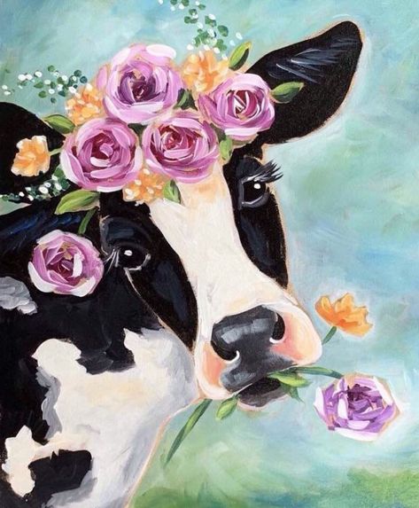 Cow Pics On Canvas, Colorful Cow Painting, Spring Painting Ideas On Canvas, Cute Cow Painting, Social Easel, Cow Paintings On Canvas, Pottery Factory, Cow Paintings, Farm Animal Paintings