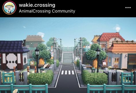 Animal Crossing Neighborhood Ideas City, Acnh Japanese Neighborhood Ideas, Acnh Neighborhoods Ideas City, City Neighborhood Acnh, Acnh Resident Services Design Japan, Acnh Japan Neighborhood, Japanese Neighborhood Animal Crossing, Animal Crossing Japanese Town Entrance, Anch Citycore