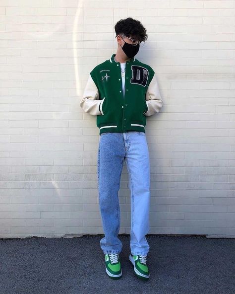 Sneakers & Streetwear | Casual fits 👖 1, 2, 3, 4, 5, 6, 7 or 8? 💭 Follow us, @stonedfits, for more! 👻 ⇁ Credits: @looo.ni | Instagram Varsity Jacket Outfit Mens, E Boy Outfits, Letterman Jacket Outfit, Varsity Outfit, Men Fashion Aesthetic, Men Ootd, Varsity Jacket Outfit, Minimal Streetwear, 90s Fashion Men