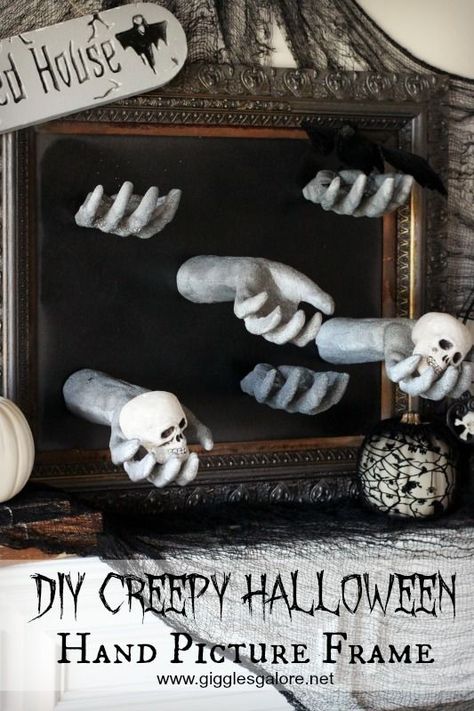 DIY Creepy Halloween Hand Picture Frame_Giggles Galore Halloween Frames Diy, Diy Halloween Picture Frames, Diy Halloween Pictures, Mansion Decor, Creepy Halloween Food, Halloween Props Diy, Diy Halloween Wreath, Creepy Halloween Decorations, Fun Halloween Crafts