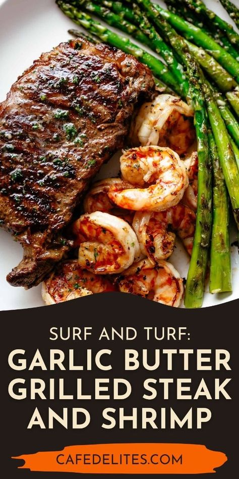 Indulge in a classic surf and turf meal with this Garlic Butter Grilled Steak and Shrimp recipe. This dish combines the best of land and sea, featuring juicy grilled steak and tender shrimp, all enhanced by a rich garlic butter sauce. Perfect for a special dinner or an impressive cookout, this recipe is both simple and decadent. Surf And Turf Grill Recipes, Meat Grilling Ideas, Summer Steak Recipes, Steak And Shrimp Dinner Ideas, Grilled Steak And Shrimp, Steak And Shrimp Recipes, Surf And Turf Recipes, Steak On Grill, Grilled Dinner Ideas