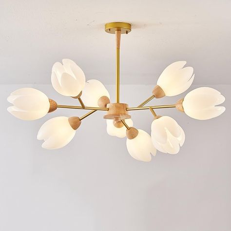 Sputnik Flower Ceiling Light Milk White Tulip Floral Chandelier 6-Light Farmhouse Semi Flush Ceiling Light Vintage Wood Ceiling Light Flower Ceiling Light, Tulip Light, Light For Bathroom, Wood Ceiling Lights, Interior Casa, Flower Ceiling, Chandelier Farmhouse, Floral Chandelier, Wood Ceiling