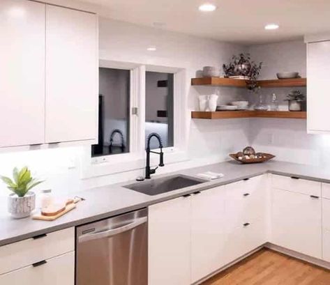 L Shaped Kitchen With Shelves, Open Shelves With Microwave, Open Shelf Corner Kitchen, Open Shelving Corner Kitchen, Corner Kitchen Floating Shelves, Corner Open Shelving In The Kitchen, Corner Shelving Kitchen, L Shaped Kitchen With Open Shelving, Kitchen Corner Floating Shelves