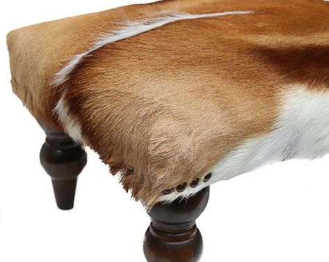 Cowhide Stool, Cowhide Ottoman, African Furniture, Exotic Homes, Footstool Coffee Table, Coffee Table Bench, Handmade Ottomans, Faux Cowhide, Mahogany Stain