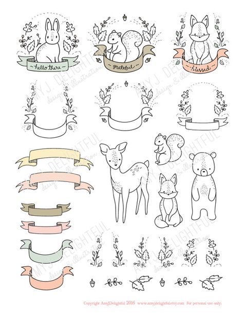 Printable FALL CRITTERS stickers! - Digital File Instant Download- planner stickers, banners, borders, woodland animals, journaling, autumn How To Draw Woodland Animals, Fall Animals Drawing, Woodland Animals Drawing, Woodland Doodles, Woodland Animals Illustration, Fall Critters, Cute Animal Doodles, Baby Woodland Animals, Banner Web