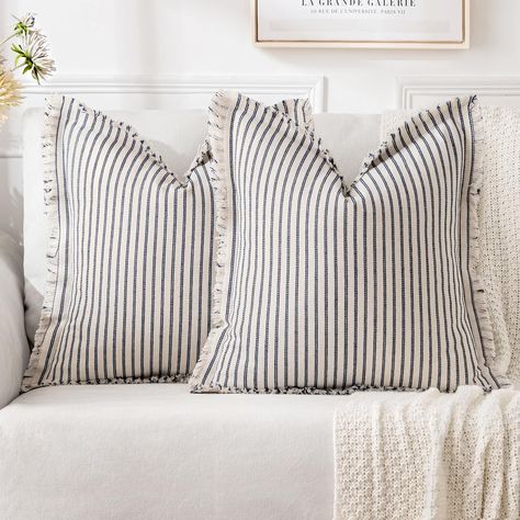 PRICES MAY VARY. 100% Polyester 【Quality Material】 Made of premium canvas striped linen with double-sided patten, durable and washable. Not easy to deform or fade and made to last. It is suitable for the living room, bedroom, benches，can used to all seasons! 【Size】 20x20 Inch / 50x50cm TWO pillow covers. COVERS ONLY, pillows are not included. Please allow 0.5-1 inch deviation because of hand-made and sewing. 【Hidden Zipper】 The smooth hidden zipper is sewn on the back so your pillow is secure an Throw Pillows For Neutral Couch, Coastal Pillows On Sofa, Neutral Couch, Farmhouse Couch, Best Throw Pillows, Navy Blue Pillow, Bedroom Benches, Navy Blue Pillows, Elegant Pillow