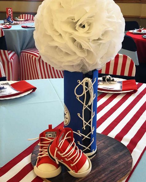 Layla Converse Centerpiece, Tennis Shoe Centerpiece Ideas, Chucks And Pearls Party Theme, Converse Party Theme Ideas, Converse Theme Party, Sneaker Ball Party Centerpieces, Sneaker Baby Shower Theme, All Star Baby Shower Ideas Boys, Sneaker Centerpiece Ideas