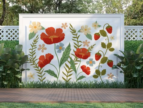 Small Flower Wall Mural, Wild Flowers Mural, Outdoor Mural Ideas Flower, Simple Flower Mural, Flower Mural Outdoor, Poppy Mural, Flower Mural Wall, Whimsical Mural, Barn Mural