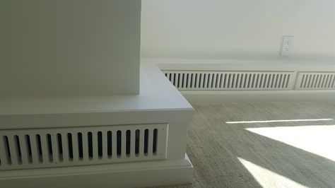 Steam Heat Baseboard- Wooden baseboard covering steam heating vents. Baseboard Heating Covers, Baseboard Diy, Baseboard Covers, Bathroom Baseboard, Hydronic Baseboard Heaters, Heated Bathroom Floor, Baseboard Heaters, Heater Covers, Baseboard Heater Covers