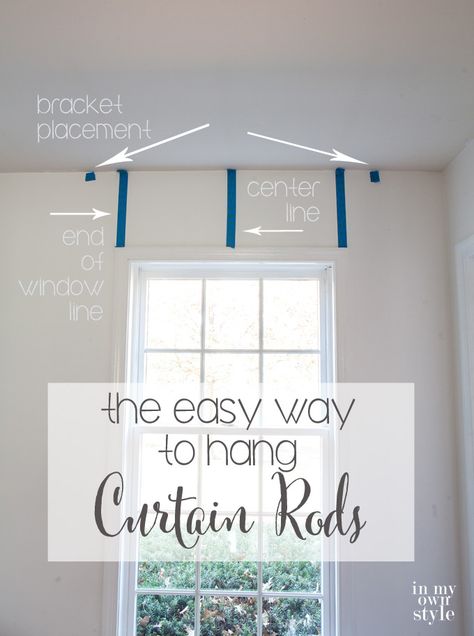 Use-painters-tape-to-help-hang-curtain-rods-level-in-a-few-easy-steps Hang Curtain Rods, Pipe Curtain Rods, How To Hang Curtains, Hanging Curtain Rods, Diy Curtain Rods, Hang Curtains, Curtain Rod Brackets, Drop Cloth Curtains, How To Hang