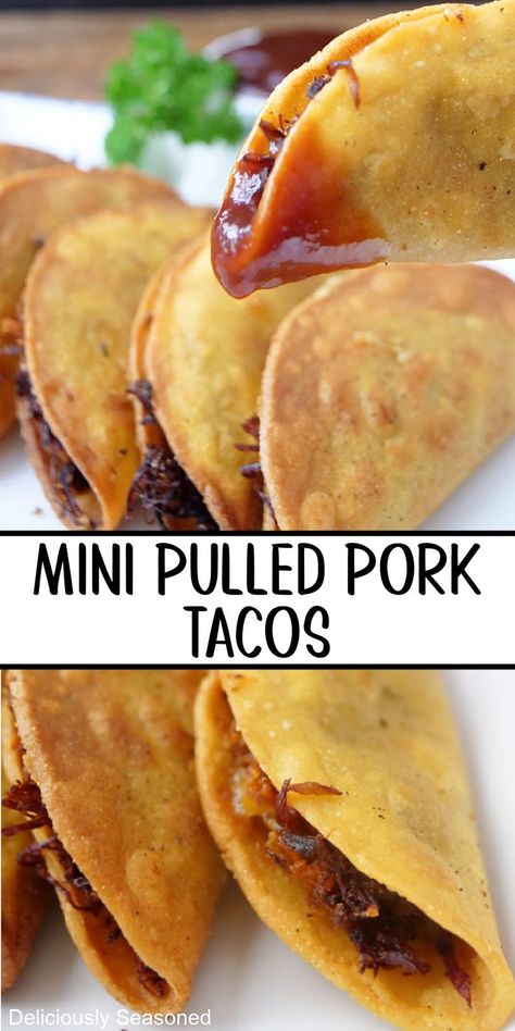 A double photo collage of mini tacos on a white plate. Leftover Bbq Pork Recipes, Pulled Pork Leftover Ideas, Shredded Pork Recipes Leftover, Pork Tacos Recipes, Leftover Pulled Pork Tacos, Leftover Pulled Pork Recipes, Pulled Pork Tacos Recipe, Shredded Pork Tacos, Frito Recipe