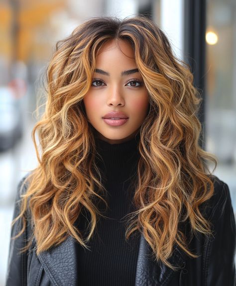 Sweet and Charming Caramel Ombre Locs Fall Colors to Dye Your Hair Black Women 🍂 Hair For Latinas Color, Caramel Highlights On Black Women, Fall Curly Hair Color Highlights, Dark Brown Caramel Highlights, Ombre Highlights For Dark Hair, Caramel Brown Hair Black Women, Fall Balayage For Dark Brown Hair, Ombre Hair Caramel, Curly Dark Brown Hair With Highlights