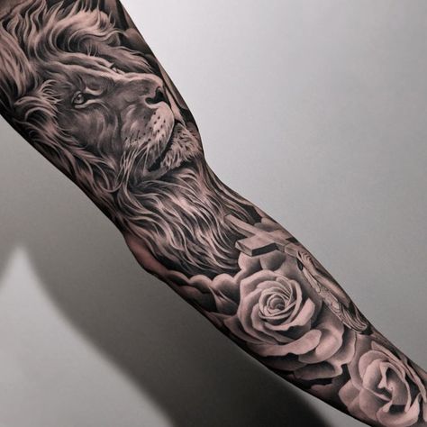 Lion & Roses Full Sleeve | Best tattoo design ideas Lion And Rose Tattoo, Lion Sleeve, Bicep Tattoo Men, Geometric Lion Tattoo, Inner Arm Tattoos, Inner Bicep Tattoo, Hyper Realistic Tattoo, Lion Tattoo Sleeves, Rose Tattoo Sleeve