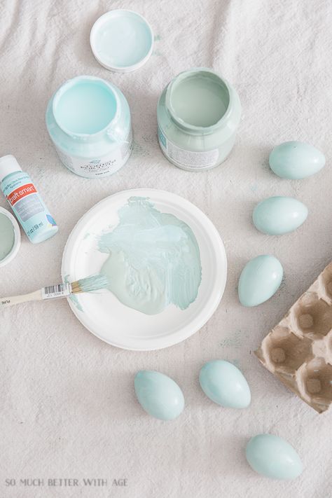 The Perfect Shade of Robin's Egg Blue for Easter Eggs/mixing paint - So Much Better With Age from craft store (I picked this small tube up from Michael’s or Fusion Mineral Paint – Little Teapot) Fusion Mineral Paint- Inglenook creamy-white paint (I used FMP-Limestone) light brown paint (I used FMP-Algonquin) dark brown or black paint paper plate Fusion Mineral Paint Inglenook, Light Brown Paint, Egg Blue Paint, Robins Egg Blue Paint, Eclectic Decor Inspiration, Robin Eggs, Mix Paint, Spring Easter Eggs, Easter Paintings