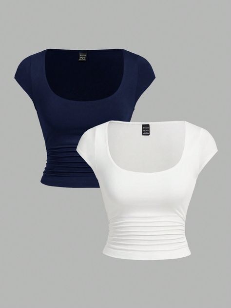 2pcs Tight Casual Waist Ruched Short Sleeve T-Shirt For Women Navy Blue Casual    Plain  Slight Stretch  Women Clothing, size features are:Bust: ,Length: ,Sleeve Length: Navy Tops For Women, Cotton T-shirt, Crop Tops Short Sleeve, Different Types Of Shirts For Women, Tight Shirts For Women, Basic Shirts Women, Cute Blue Shirt, Old Navy Clothes, Tight T Shirt