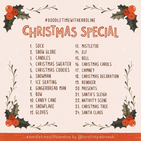 Karoline Pietrowski on Instagram: “Here it is #doodletimewithkaroline Christmas special prompt list! 🎄 I cant wait to see all your contributions. :) I try to do some digital…” Sketchbook Prompts, 30 Day Art Challenge, Art Journal Challenge, Ideas Illustration, 30 Day Drawing Challenge, Drawing Challenges, Daily Prompts, Art Examples, Prompt List