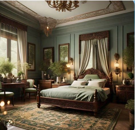 Victorian Light Academia Bedroom, Victorian Manor Interior, Minimal Victorian Bedroom, Edwardian House Interior Master Bedrooms, Modern Victorian Decor Bedroom, Old English House Interior, Dark Wood Victorian Bedroom, English House Interior, Green Victorian Bedroom