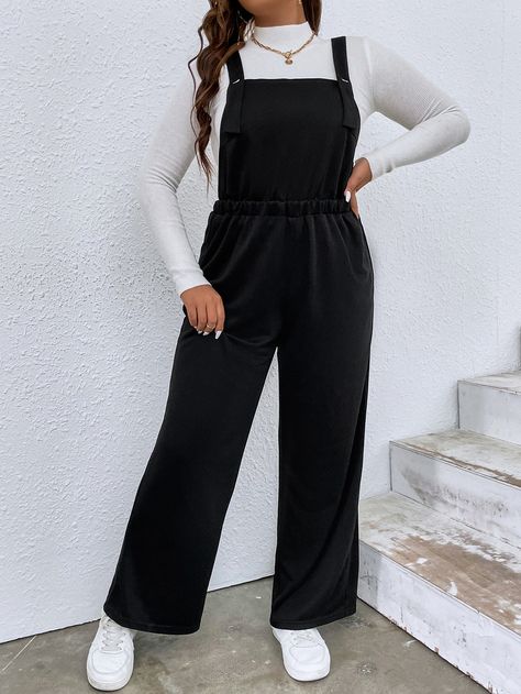 Black Casual Collar Sleeveless Knitted Fabric Plain Overall Embellished Medium Stretch  Plus Size Jumpsuits & Bodysuits Plus Size Overall, Outfits Jumpsuit, Plus Size Jumpsuits, Overall Jumpsuit, Plus Size Jumpsuit, Black Casual, Clothing Patterns, Knitted Fabric, Overalls