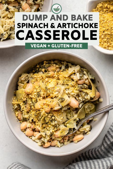 Vegan Make Ahead Casserole, Vegan Spinach Casserole, Spinach Artichoke Bake, Dump And Bake Vegan Recipes, Vegan Dump Recipes, Vegan Dump And Bake Casserole, Vegetarian Dump And Bake, Vegan Dump Meals, Vegan Dump And Bake